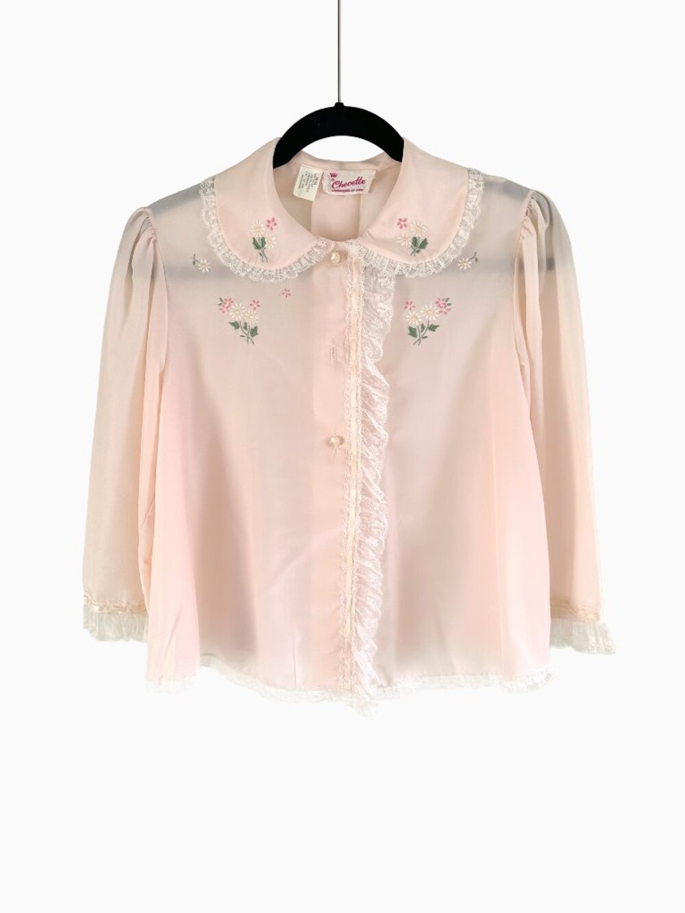 Vtg Chevette Pink Sheer Lace Bedjacket Floral Hand Embroidered Lingerie Top Sm